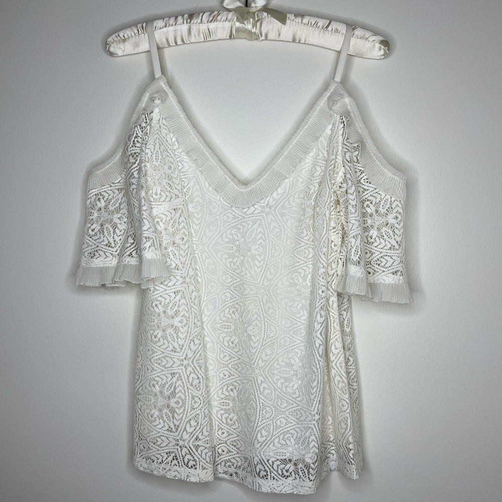 WHBM White Off the Shoulder Feminine Ruffle Lace Top S